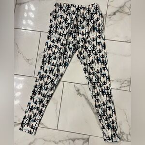 LuLaRoe White Leggings with Black Penguin Print and Multicolor Accents